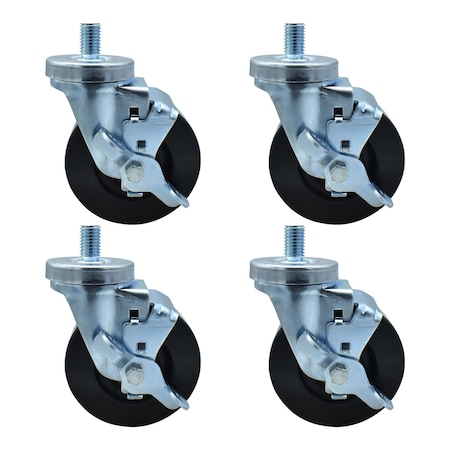 Bk Resources 4-inch Threaded Stem Casters, Hard Rubber Wheels, Brake, 300lb Cap, Grease/Water Resistant, 4PK 4SBR-5ST-HR-PS4
